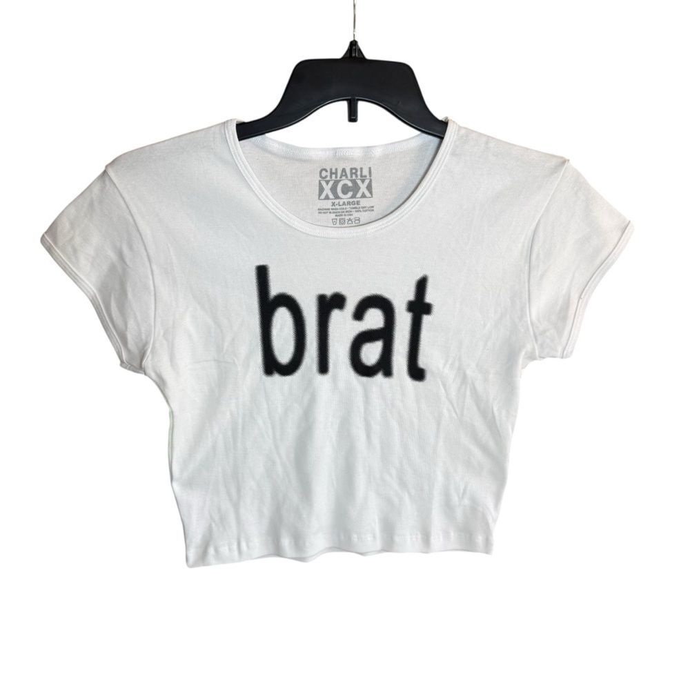 Charli XCX Official Brat White w/ Black Writing Baby Tee Cotton Crop Top XL